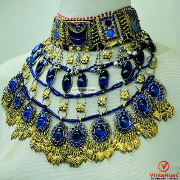 Blue Choker Necklace, Handmade Afghan Tribal Choker Necklace, Statement Boho - Picture 3 of 9